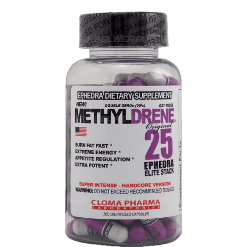 Methyldrene 25 elite; Presentación de un frasco con cápsulas para quemar grasa.
