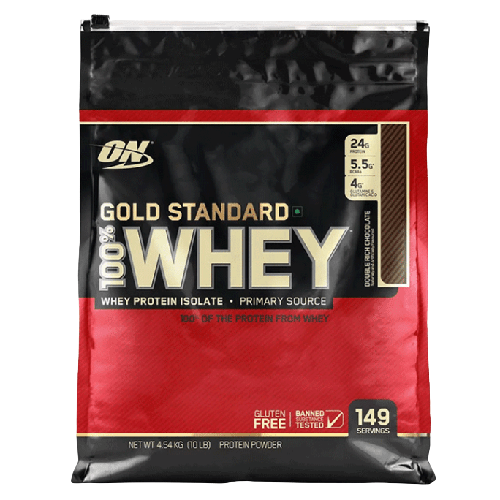 100% whey gold standard 10 lbs; bolsa de color negro de proteínas para atletas y adultos en movimiento.