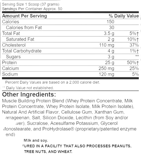 Whey HD 4 LBS; Instrucciones de un frasco de proteínas.