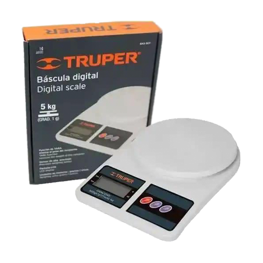 Bascula digital; Vista del empaque y una báscula de la marca TRUPPER.