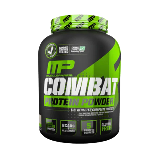 Combat protein powder; Etiqueta de colores gris y verde de protéinas.