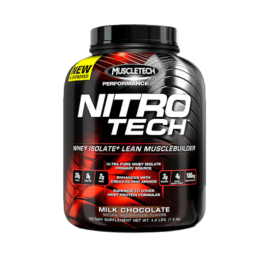 Nitrotech 4 Lbs; Muestra de un bote color negro, fórmula de suero de proteína.
